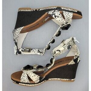 Libby Edelman White Snake Print Wedge Sandals 8M Open Toe Strappy Zip Back EUC